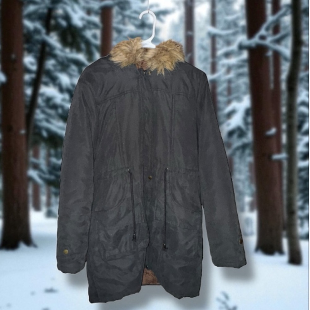 Beyove Coat Charcoal Hooded Parka Utility Cargo Faux Fur Trim & Lining Women’s M - Picture 2 of 16